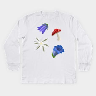 Alpine blooms - edelweiss, gentian, bellflower, fly agaric mushroom Kids Long Sleeve T-Shirt